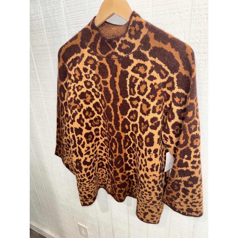Entro Leopard Print Sweater Womens Brown Mock Neck Wide Sleeve Small T33048 - Picture 2 of 6